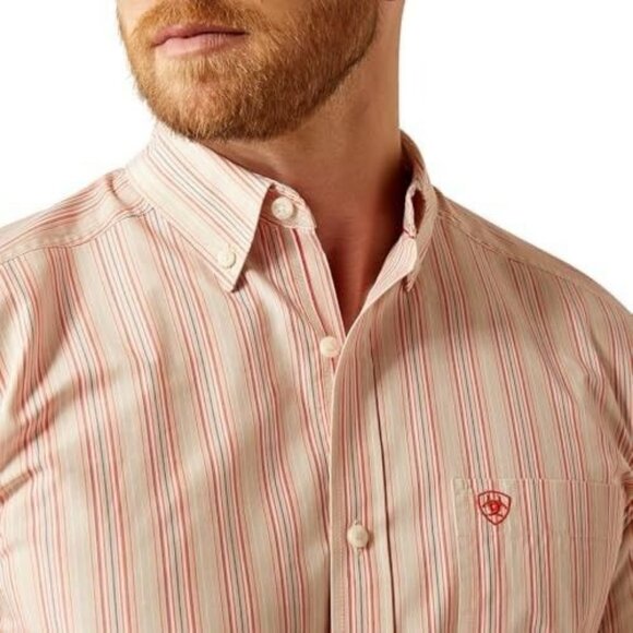 Ariat Pro Men's LG Short Sleeve Winter Stripe Classic Fit Button Shirt Khaki/Cor - Picture 1 of 3